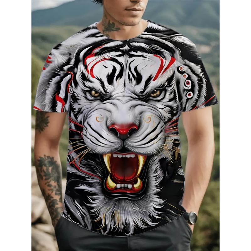 Men's Angry Tiger 3D Printed T-Shirt Casual Short Sleeve Crewneck Top Cool Roaring Wild Animal Graphic Tee Trendy Streetwear Summer Fashion Clothes