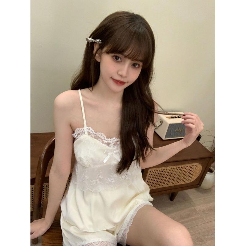 Sexy Pajamas Women's Spring and Summer Ice Silk Pure Desire Wind with Chest Pad Can Be Worn Outside Shirt Suspender Four-piece Set Loungewear