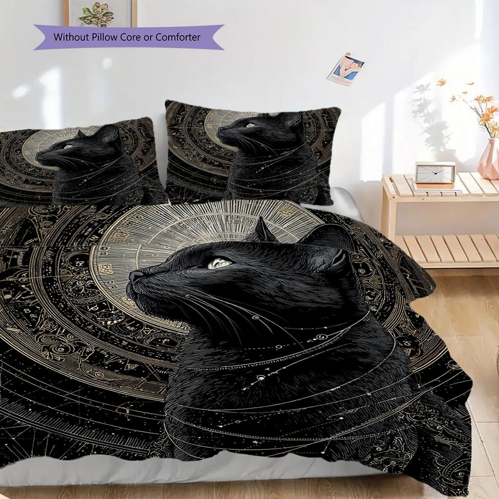 Black Cat Pattern Bedding Quilt Set Quilt Cover Pillowcase Home Decoration Birthday Gift (1 * Duvet Cover + 2 * Pillowcase, Without Core)