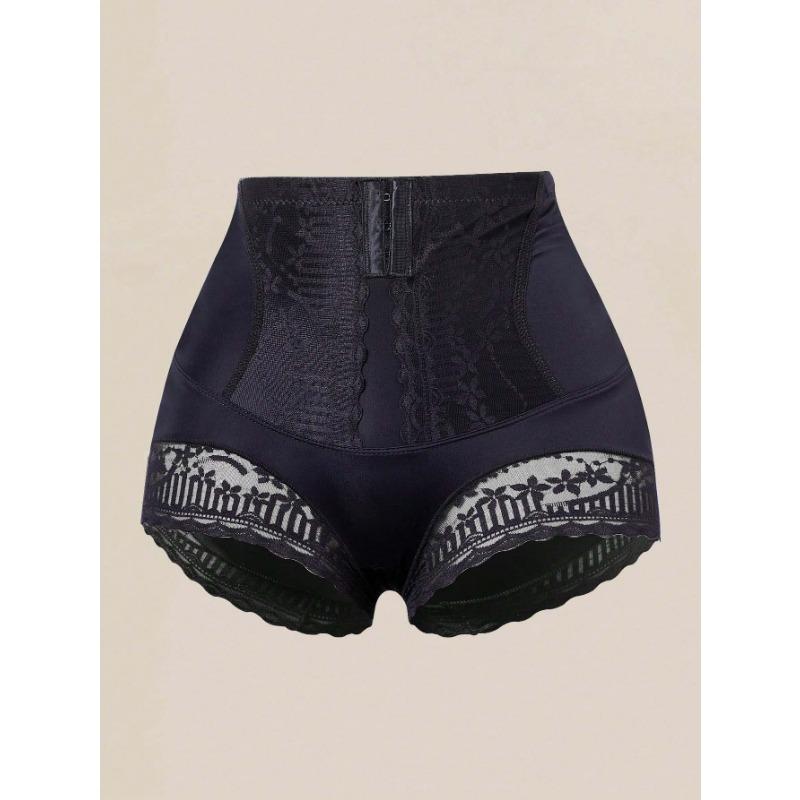 

High Waist Hook-and-Eye Lace Trim Tummy Control Shapewear Shorts S чорний