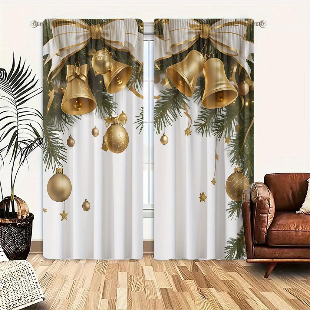 2Pcs Christmas Theme Light-Filtering Polyester Curtains With Rod Pocket – For Bedroom, Living Room, Office & Home Decor