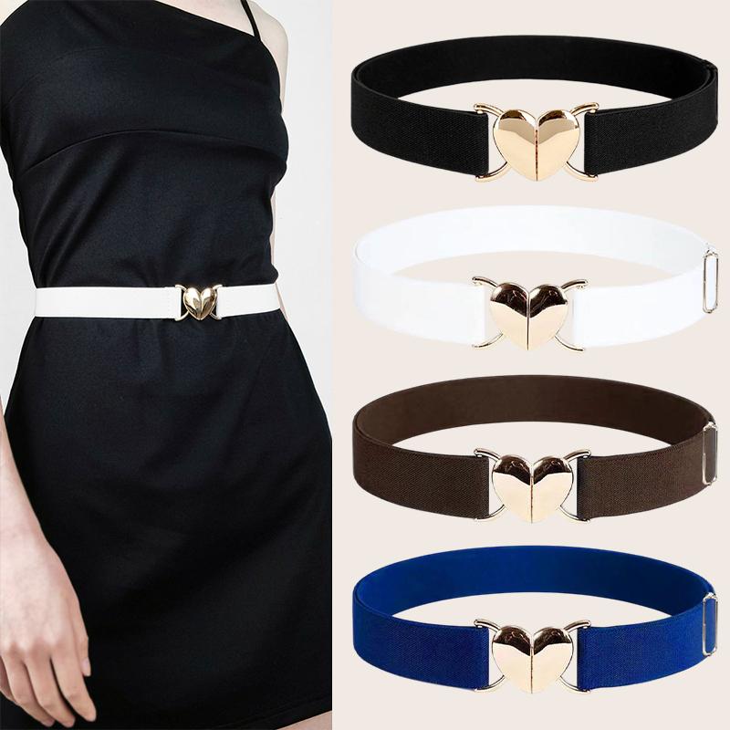 Women Stretch Belts Girls Adjustable Elastic Waist Belts With Heart Shape Metal Buckle Waistband Accessories For Coat Dress