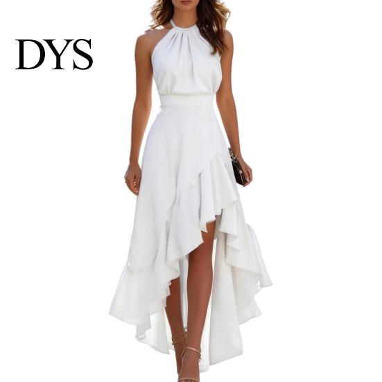 Pleated Dress Women Cocktail Party Dress, Halter Sleeveless Flowy Long Ruffled Irregular High Low Wedding Guest Hem