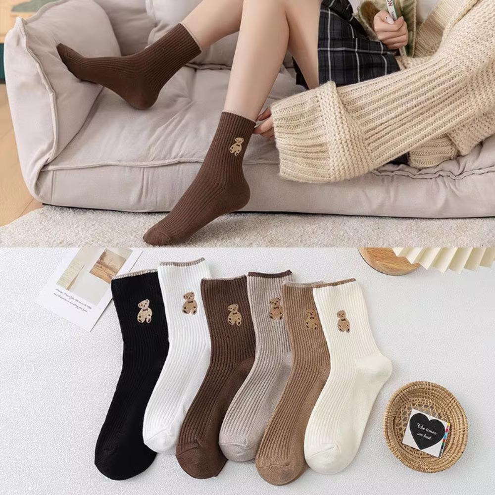 5 Pairs Bear Embroidery Snow Boot Socks Breathable Sports Socks Women Socks  Winter