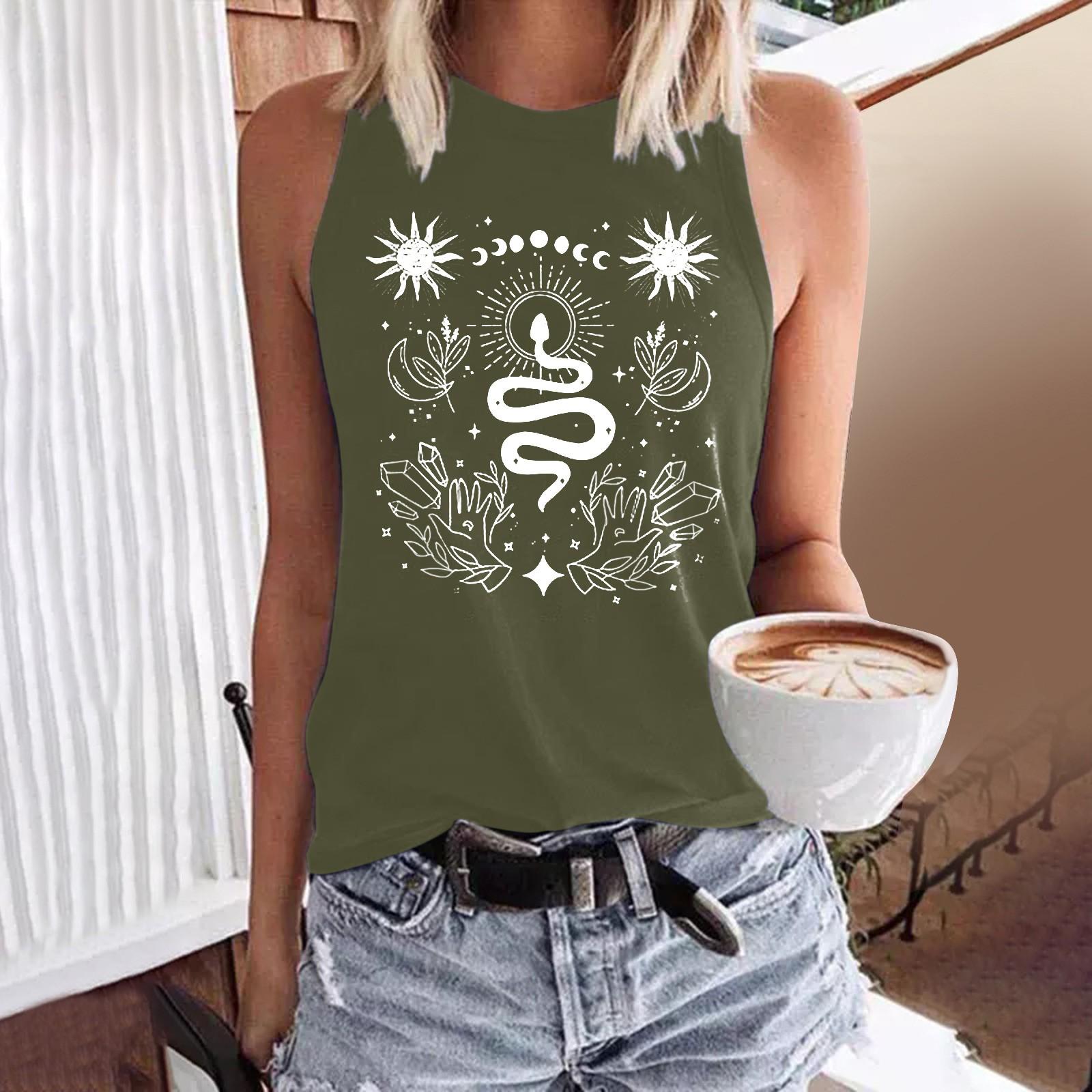 

Женская повседневная блузка с принтом, свободная свободная футболка, жилет без рукавов с круглым вырезом, топы XXXL армия зеленый