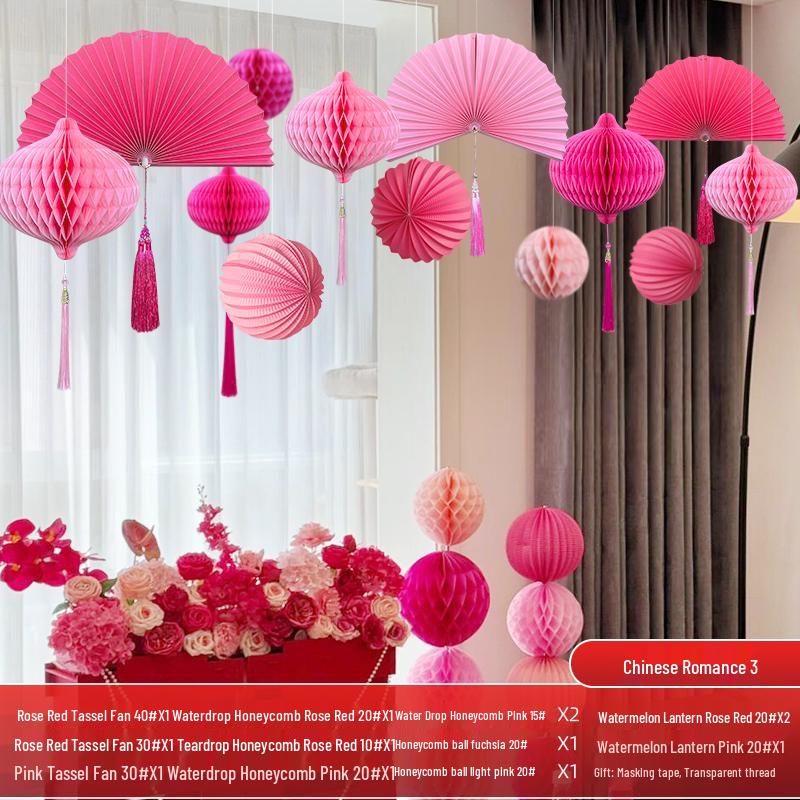 Wedding Décor Set: Honeycomb Balls, Folding Fans & Double Happiness Pendants for Groom's Room