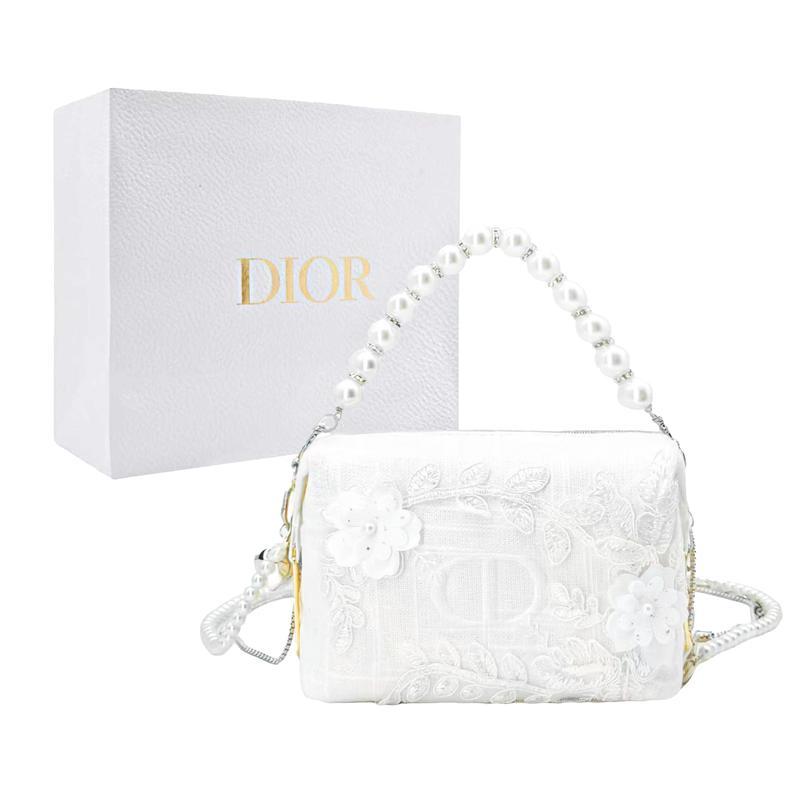 

DIOR [Customized Cosmetic Bag] Pearl Flower Marriage Hand-held on one shoulder, portable storage, polyester fiber, high-end, artistic style білий
