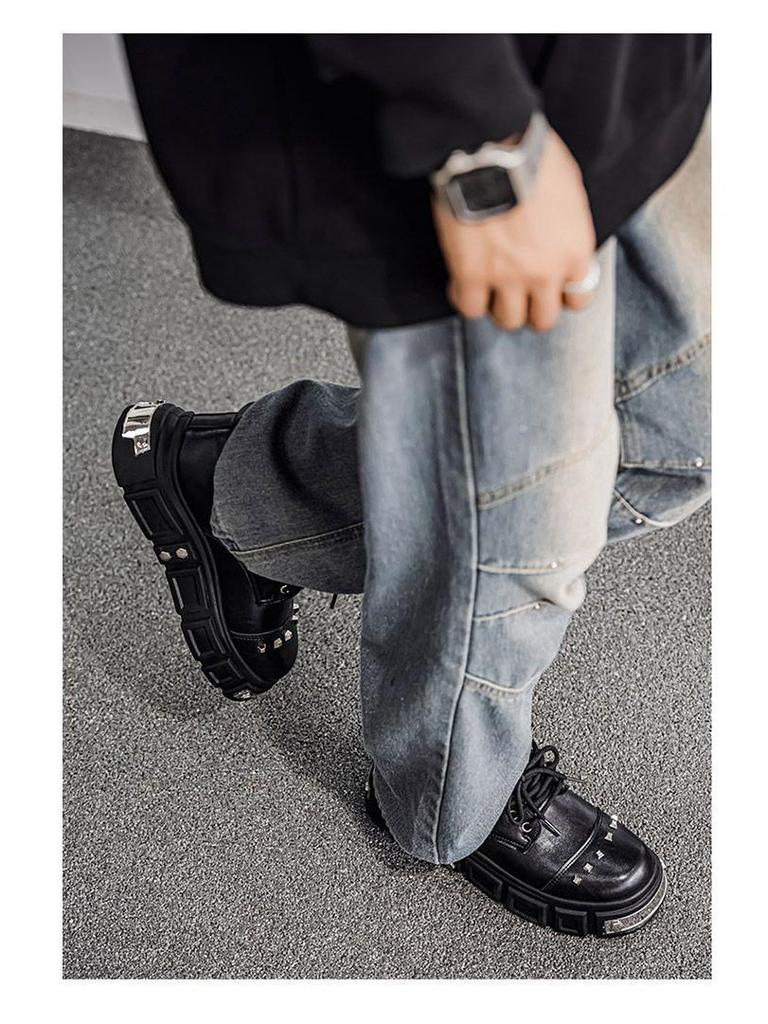 2025 Autumn Men's Black Derby Shoes - Korean Style Trendy Casual Leather with Height Increasing Thick Sole