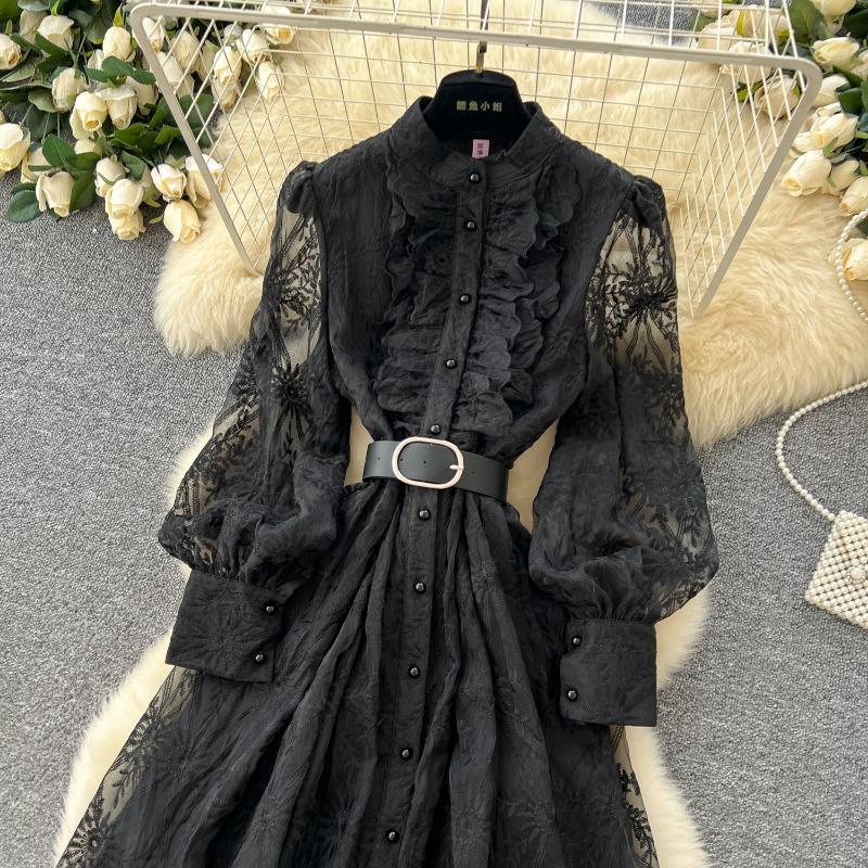 Retro Dress Women's Spring Ruffled Embroidered Single-breasted Dress