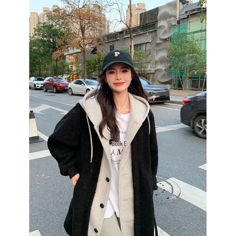 Chic Korean 2025 Autumn/Winter Long Hooded Lambswool Skirt Jacket