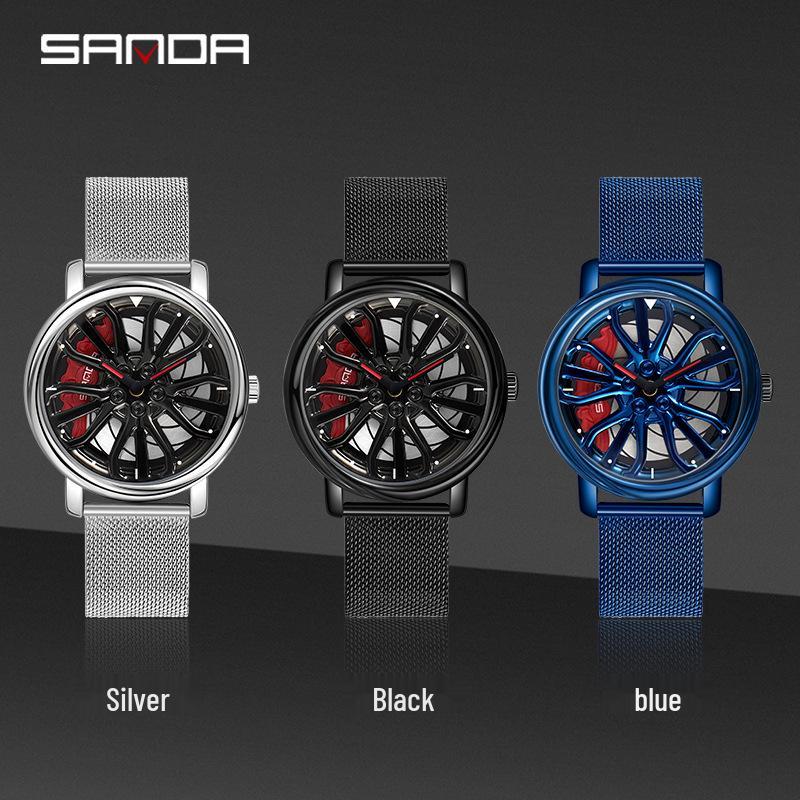 Sanda 1057 Men's Quartz Watch: Hollow Design with Mesh Strap