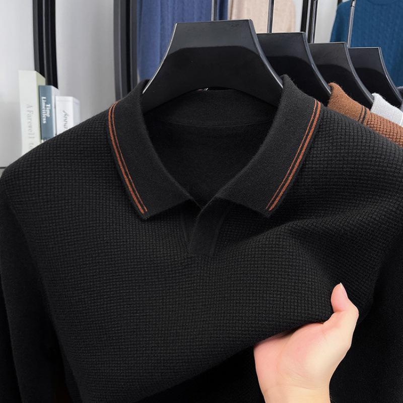 Autumn 2025 Wool Lapel Knit Sweater for Middle-Aged Men - Lightweight Base Layer Shirt