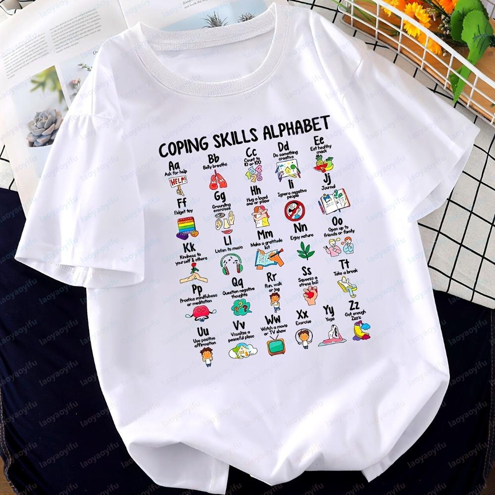 Coping Skills Alphabet T-Shirt Mental Health Awareness Graphic Funny Tshits Casual Short Sleeve