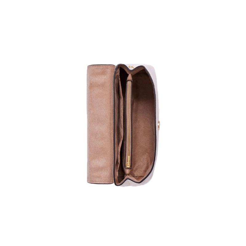 Coach Tammie 26 Logo Snap Polished Leather Chain Flap Bag Shoulder Crossbody Bag Medium Size Women Milk Tea Color with White