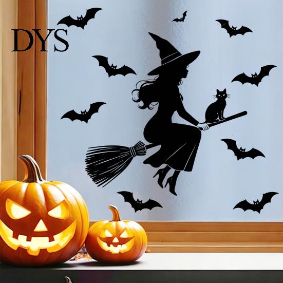 Festive Atmosphere Wall Stickers Halloween Witch Black Cat Static Window Stickers, Waterproof PVC Silhouette Decals, Indoor And Outdoor Ornament