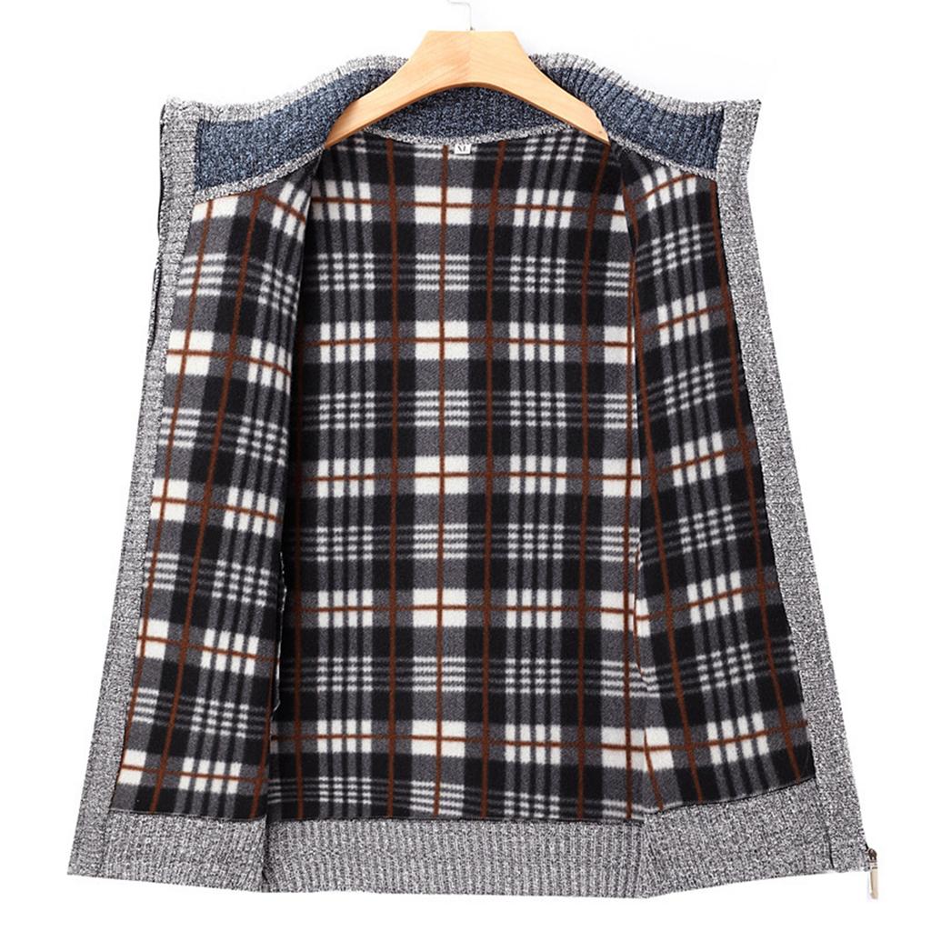 Men's Stand Collar Long Sleeve Warm Jacket Loose Plus Velvet Thickened Color Block Cardigan Sweater
