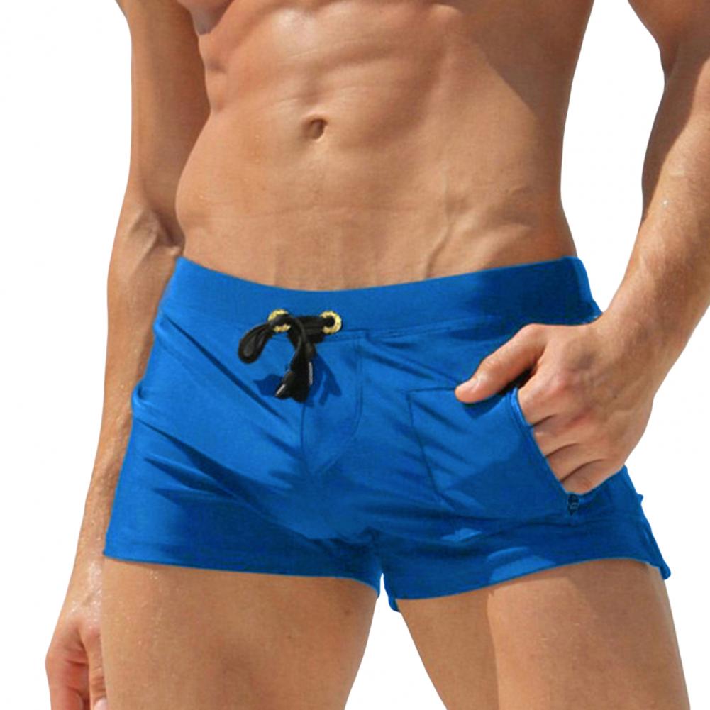 Men Swimming Everyday Shorts Drawstring Elastic Waist Zipepr Pockets Quick Dry Slim Fit Single Color U Convex Mid Waist Bathing Boxers Sur