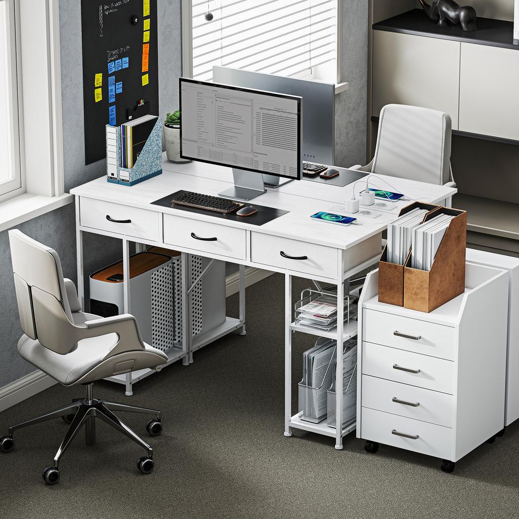 Desk Kitchen Table with 2 USB Charging Ports 2 Power Outlets Adjustable Shelves 3 Fabric Drawers 120x40x76 cm White