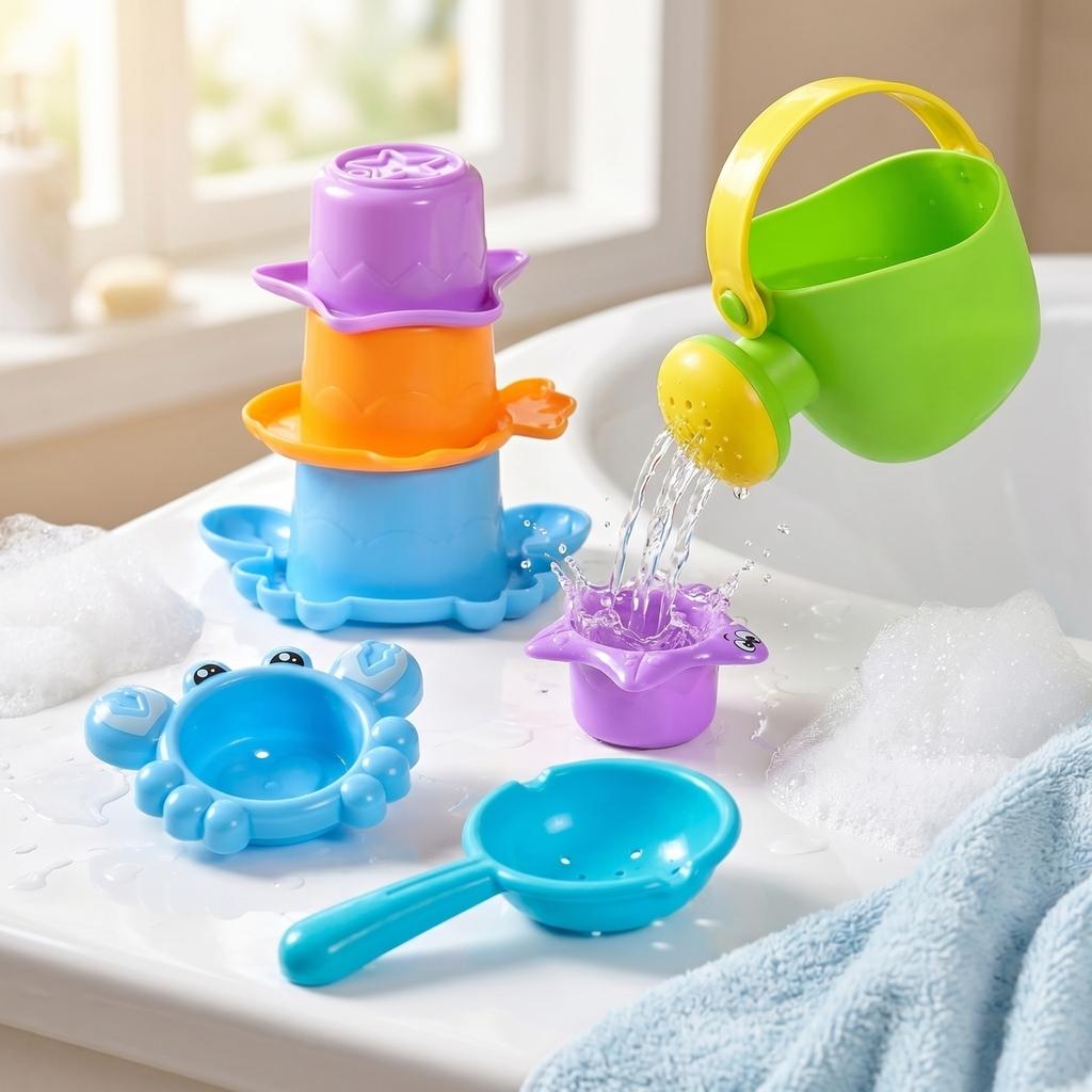Watering Can and Stacking Cups Bath Toy Set 5 Pieces for Kids Durable Plastic Water Play Set for Indoor and Outdoor Use