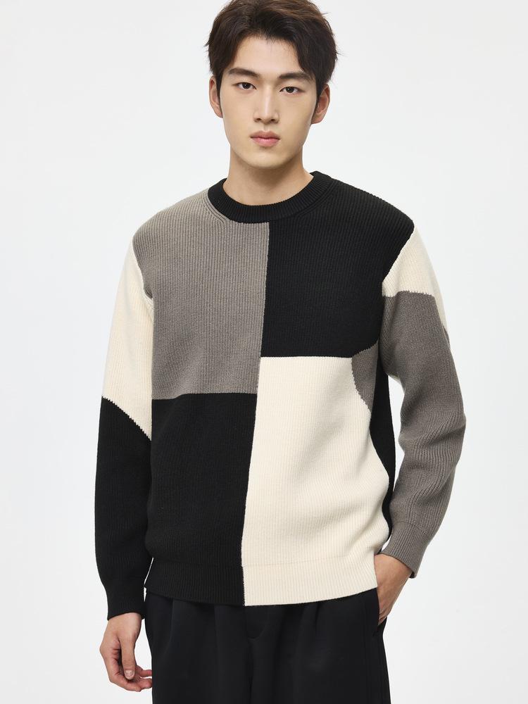 WOOG2005 Men's Color Block Patchwork Round Neck Sweater - 2025 Autumn/Winter Loose Casual Knitwear