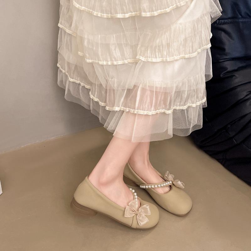 Spring Single Shoes Women Outside Wear Autumn New Round Toe Beaded with Skirt Lace Bow Slip-on Soft Sole Flats