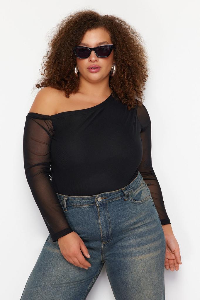 Women's Fashion Black Tulle Lined Asymmetrical Collar Knitted Blouse