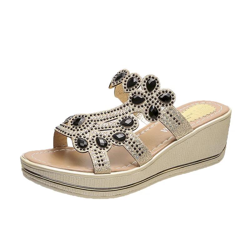 

Fashion Women Sandals Summer Fashion High Heel Sandals Crystal Casual Shoes High Heels Rhinestone Thick-soled Wedge Slippers 35
