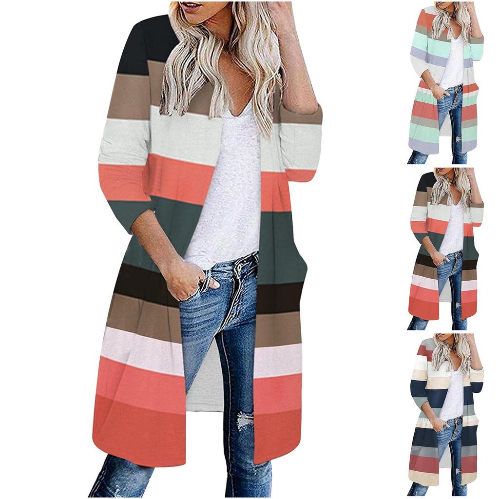 Mote Kvinner Casual Striper Lappverk Langermet Cardigan Bluse Topper