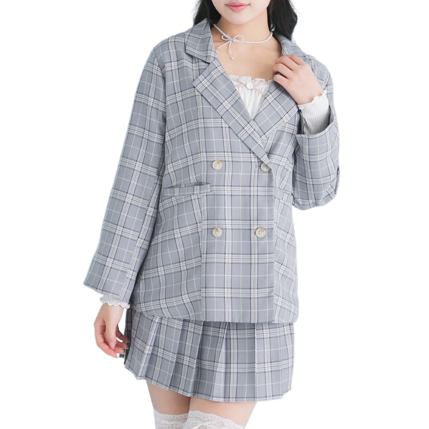 [YUMETENBO] Jacket & Pleated Set-up for Women 535445 Navy Blue
