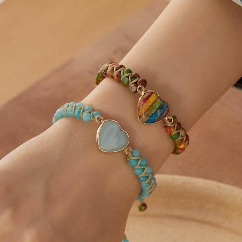 

Colorful Stone Beads Weave Bracelets Hand Jewelry Heart Bead Bangle Women Style J