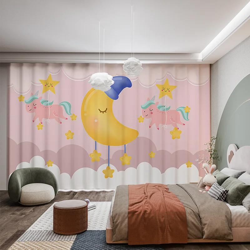 Modern Cartoon Castle Unicorn Balloon Pink Princess Rainbow Bunny Girl Room Children's Bedroom Blinds Blackout Curtains New
