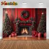 Mocsicka Christmas Backdrop Photography Fireplace Gifts Tree Party Photo Background Indoor Home Red Wallpaper Decorations Banner