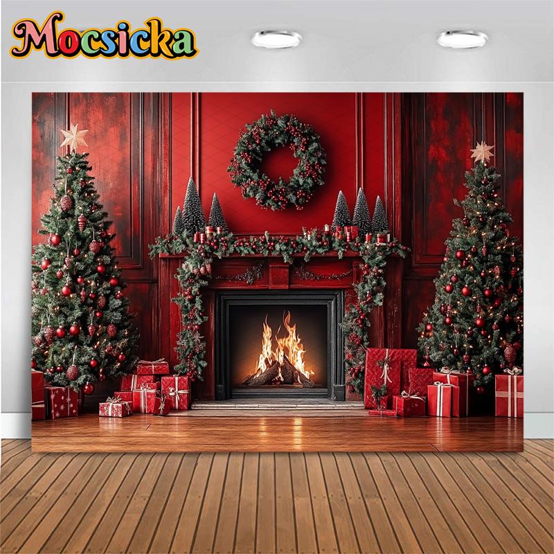Mocsicka Christmas Backdrop Photography Fireplace Gifts Tree Party Photo Background Indoor Home Red Wallpaper Decorations Banner