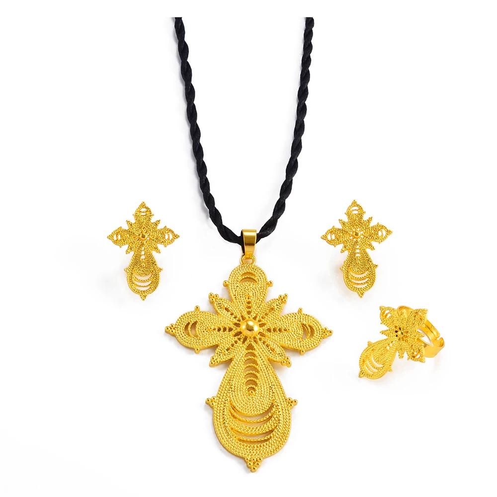Anniyo Ethiopian Jewelry sets Cross Pendant Necklaces Earrings Rings African Eritrean Habesha Wedding Accessories #139016 45cm Black Rope