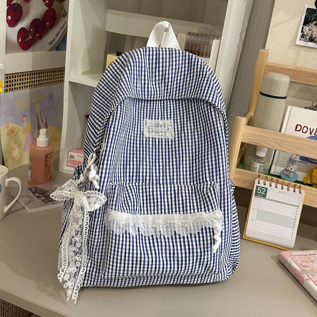 Schoolbag Milk Huhu Plaid Lace Backpack Girl Heart Travel Small Backpack Japanese Sweet Wind Student Party School Bag