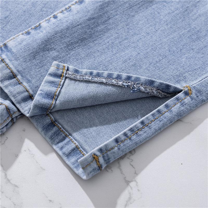 Women's Summer High Waist Light Blue Denim Jeans with Slit - Nine-Point Straight Leg Pants