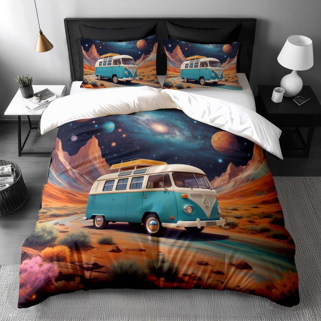 Digital 3D Printing Three-Piece Cartoon Planet Bus Bedding Quilt Cover Pillowcase Home Textiles