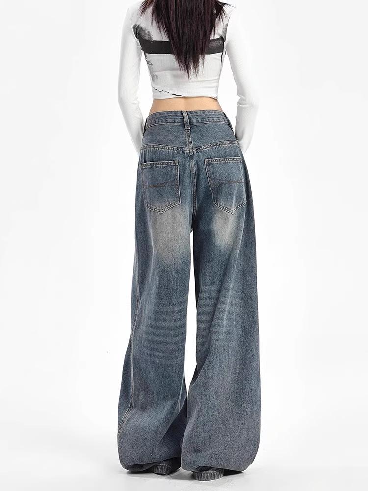 Unisex American Retro High-Waist Wide-Leg Jeans: Spring & Autumn, Loose, Slimming, Drapey, Floor-Length Straight-Leg Style.