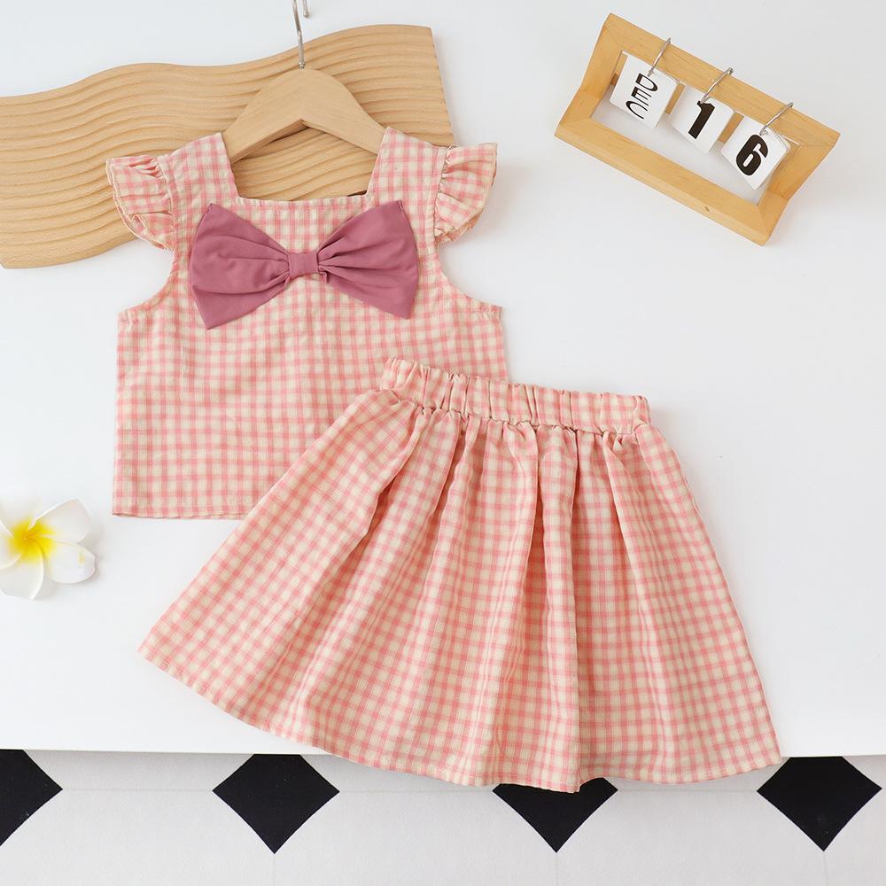 Summer Girls Plaid Camisole Dress Two Piece Set Trendy Toddler Baby Cool Outfit Fashion Children Clothing 120cm