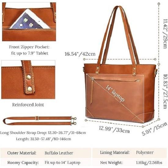 Genuine Leather Tote Bag for Women Work Shoulder Crossbody Purses Handbag with Outside Pockets