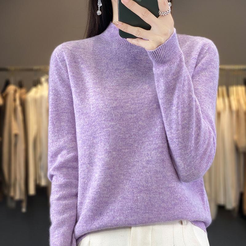 Women's Seamless Wool Sweater: Autumn/Winter Half-High Neck, Loose Fit, Knitted Base Layer