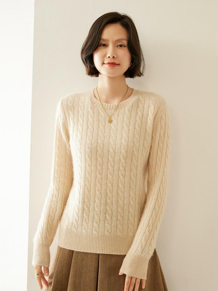 Women's Retro Cable Knit Cashmere Pullover Sweater, Round Neck, Slim-Fit, Autumn/Winter 2024 Collection