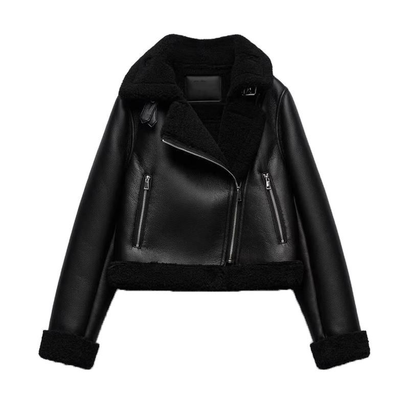Fall and Winter New Women's Clothing Lapel Long Sleeves Fur Integrated Double-Sided Poly Urethane Leather Jacket Outwear 8741267