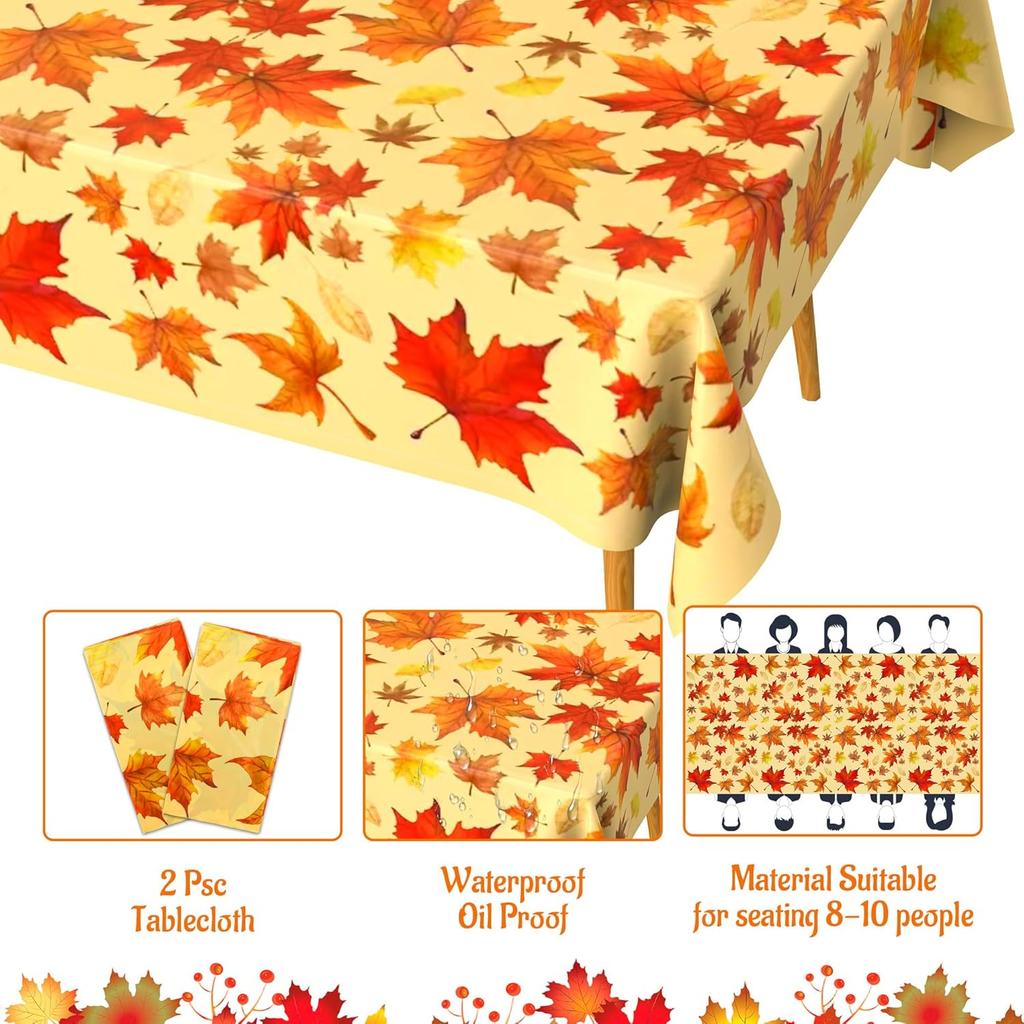 Thanksgiving Tablecloth Plastic, Fall Tablecloth, 2 Pack Disposable Table Cloth Table Decor Autumn Maple Leaf Rectangle Tables Cover for Autumn Fall