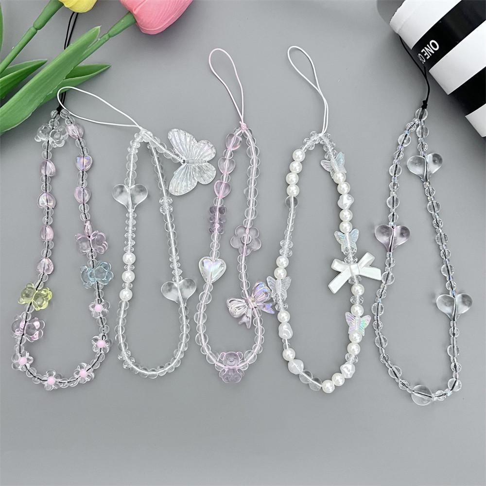 Cartoon Pearl Bowknot Phone Lanyard Anti-lost Detachable Love-heart Butterfly Phone Keychain Phone Chain Wrist Strap