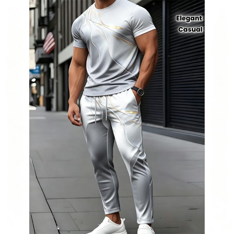 [Men's T-Shirt & Pants Set] Men's Short Sleeve Round Neck T-Shirt And Pants Set - 3D Print Casual Design - Slightly Elastic Knit