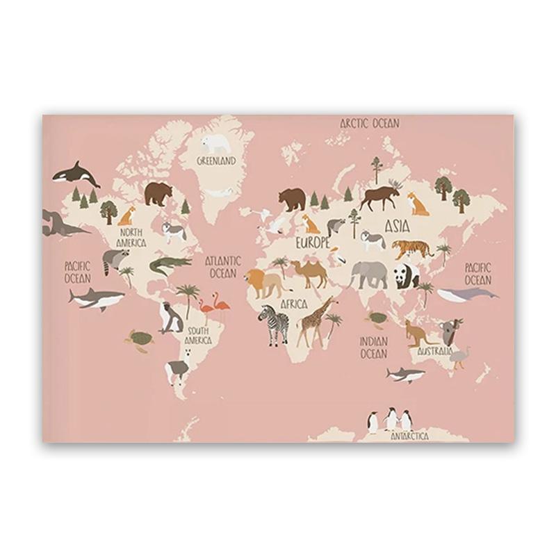 Poster de artă de perete pentru creșă, hartă a lumii animale, pictură pe pânză de desene animate pentru dormitor pentru copii, imagini scandinave, decor pentru cameră de copii