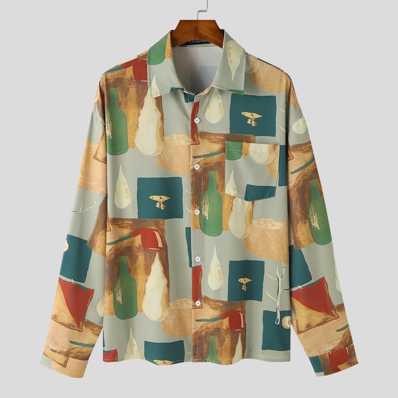 Men Long Sleeve Floral Printed Casual Loose Baggy Shirts