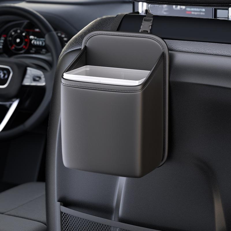 Car Trash Bin Leather Auto Seat Back Hanging Storage Box Bag Holder Rear Chair Trash Can Organizer Driver Side Pockets Garbage