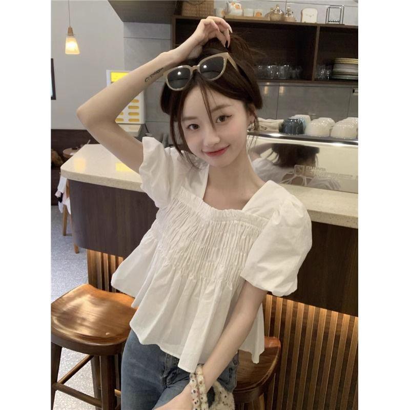 Korean Sweet Ruffled Puff Sleeve Women's Shirt, Square Neck, Summer Arrival, Waist-Cinching Doll Top, Short Sleeves